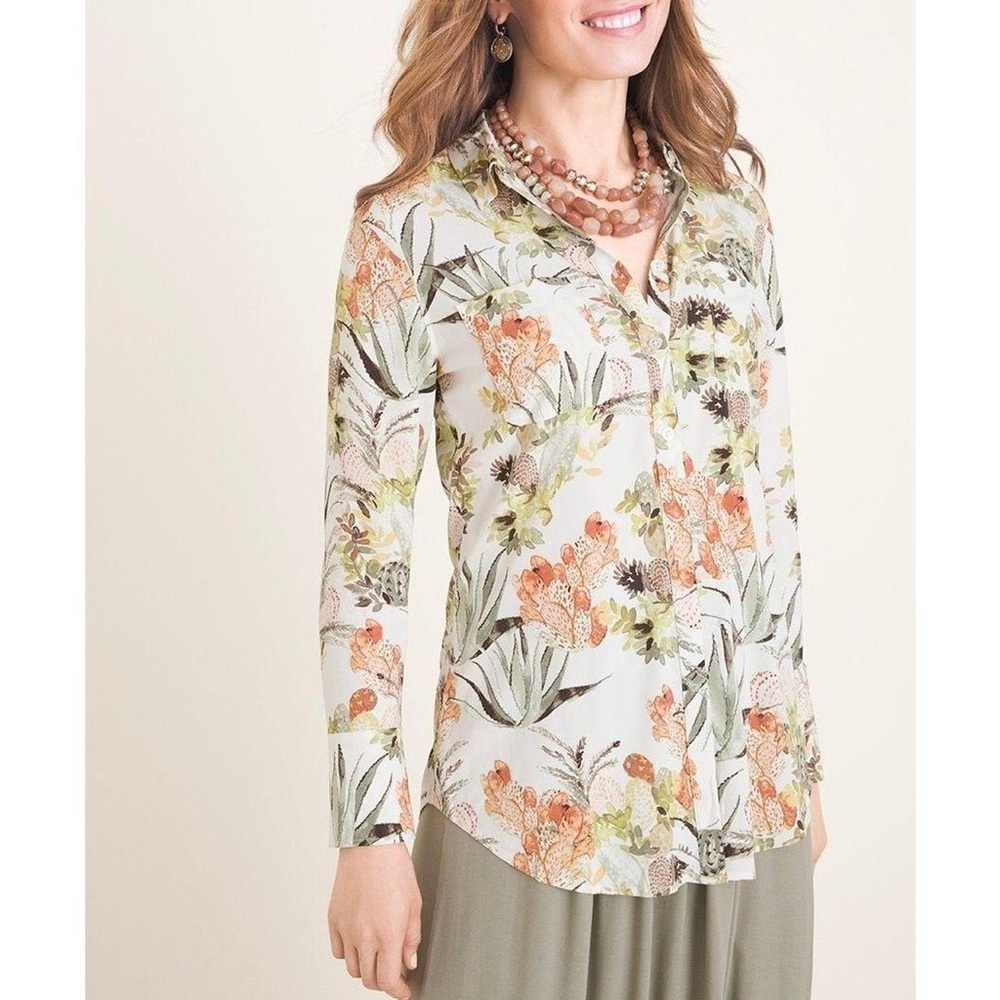 Chico's Botanical Print Button Down Shirt - Orange and Green